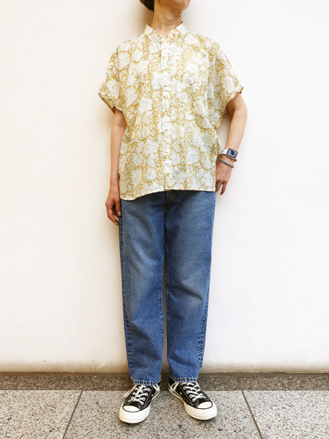 インド草木染ハンドプリント<br>スタンドフレンチシャツ