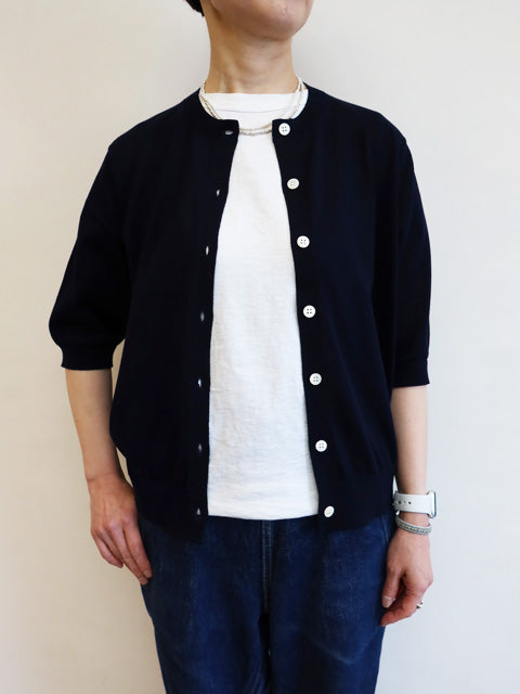 16G天竺 リサイクルポリエステル×コットン<br>6分袖 クルーネックカーディガン