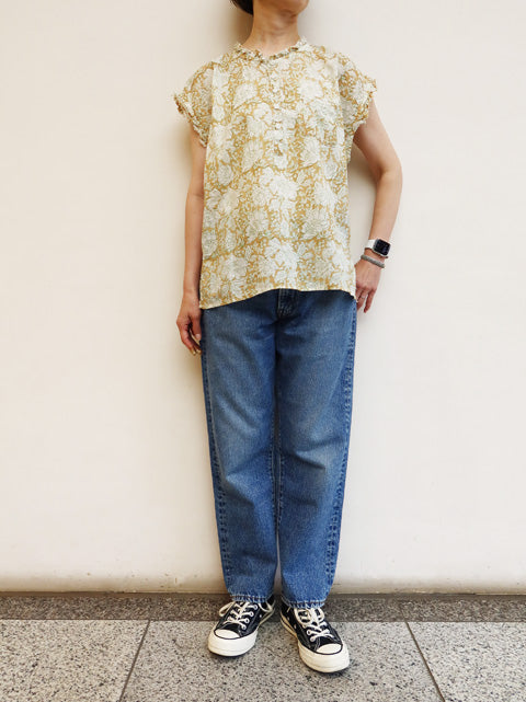インド草木染ハンドプリント<br>フリルヘンリーシャツ