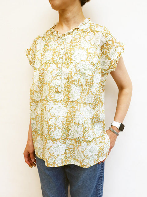 インド草木染ハンドプリント<br>フリルヘンリーシャツ