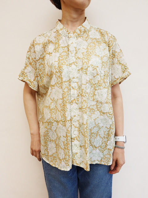 インド草木染ハンドプリント<br>スタンドフレンチシャツ