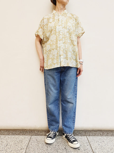 インド草木染ハンドプリント<br>スタンドフレンチシャツ