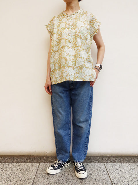 インド草木染ハンドプリント<br>フリルヘンリーシャツ