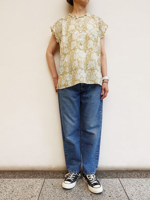 インド草木染ハンドプリント<br>フリルヘンリーシャツ